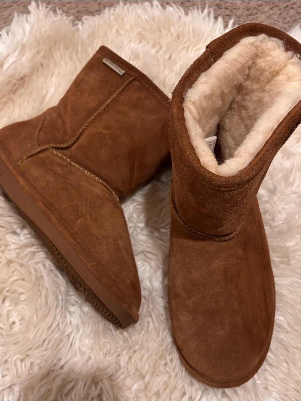 BearPaw Chestnut Suede Short Boot with Cream Shearling